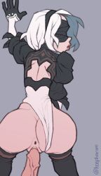 1boy 1girls ass asshole blindfold covered_eyes doggy_style female gloves hairband male moaning nier nier:_automata nier_(series) pov sex short_hair thighhighs white_hair yorha_2b