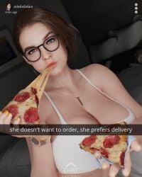 3d 3d_(artwork) ada_wong ada_wong_(adriana) big_breasts blender blender_(software) blue_eyes breasts brown_hair busty cute eating english_text glasses hoop_earrings hourglass_figure huge_breasts jill_valentine jill_valentine_(sasha_zotova) large_breasts looking_pleasured medium_hair nyalicia pizza pleasure_face pose posing resident_evil resident_evil_3 resident_evil_3_remake seductive seductive_look sensual snapchat