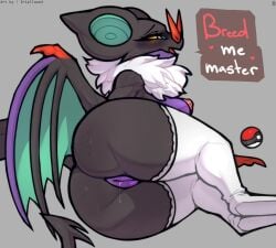 2022 anthro areola ass blush bodily_fluids breasts claweddrip clothing dialogue dragon english_text female female_pokemon generation_6_pokemon genital_fluids genitals heart hi_res impregnation_request legwear looking_at_viewer membrane_(anatomy) membranous_wings nintendo nipples noivern pokeball pokemon pokemon_(species) pussy pussy_juice simple_background solo text thick_thighs thigh_highs video_games wings