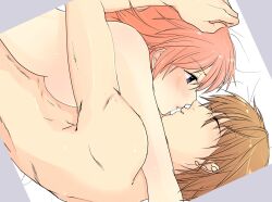 1boy 1girls blue_eyes blush brown_hair closed_eyes embrace female gintama hair_down hand_on_another's_head implied_sex kagura_(gintama) kissing looking_at_another male nude okita_sougo orange_hair sideboob