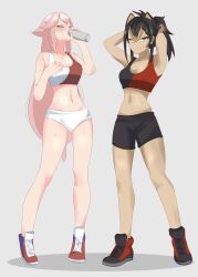 2girls dehya_(genshin_impact) drinking_water female female_only genshin_impact kohatsu long_legs sneakers sports_bra sweat sweating sweaty water_bottle workout_clothes yae_miko