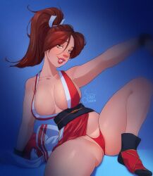 1girls 2019 big_breasts brown_hair cameltoe fatal_fury female female_only hi_res king_of_fighters legs_apart long_hair looking_at_viewer mai_shiranui nipple_bulge orange_eyes ponytail red_lips sirot_nsfw smiling smiling_at_viewer smug snk solo solo_female thick_thighs thong