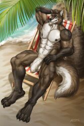 4_toes 5_fingers abs amonsyd anthro athletic beach beach_chair biceps blue_eyes brown_body brown_fur brown_hair canid canine canis claws feet fingers fur genitals hair hairy hand_behind_head hand_on_leg hi_res hindpaw humanoid_genitalia humanoid_penis looking_at_viewer male male_only mammal multicolored_body multicolored_fur muscular muscular_anthro muscular_male muscular_thighs nails nipples paws pecs penis plant pose seaside serratus sharp_claws sharp_nails sharp_toenails solo tail_tuft toenails toes triceps tuft under_tree vein veiny_penis watermark white_body white_fur wolf