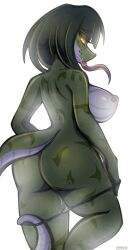 absurd_res anthro ass big_breasts big_butt bodily_fluids breasts clothed clothing female genital_fluids hi_res nipple_piercing nipples non-mammal_breasts panties panties_down partially_clothed piercing pussy_juice reptile scalie solo tongue tongue_out underwear underwear_down zombiate