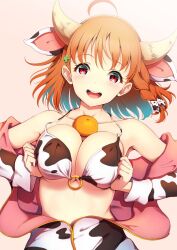 amagi_(volfuji) animal_ears animal_print bikini breast_squeeze breasts collarbone cow_ears cow_girl cow_horns cow_print food food_on_body love_live! love_live!_sunshine!! orange_hair red_eyes swimsuit takami_chika tangerine