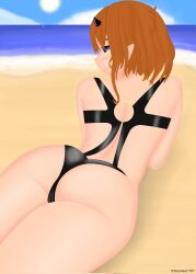 1girls ass beach blue_eyes dark_sclera elf_ears female female_only horns laying_down laying_on_stomach looking_at_viewer orange_hair pattiiiiiiii pointy_ears sand swimsuit thighs vrchat