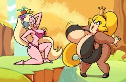 attribute_swap big_belly big_breasts blonde_hair breasts crown dragon's_lair eve_(dragon's_lair) fruit fruit_hat overweight overweight_female ponytail princess_daphne red_lipstick superspoe thick_thighs weight_gain weight_loss