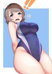 ! amagi_(volfuji) big_breasts blue_eyes blush grey_hair love_live! love_live!_sunshine!! one-piece_swimsuit surprised swimsuit watanabe_you