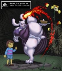 bandaid blood closed_eyes da_goddamn_batguy dead fire flowey_the_flower food foot_up frisk frisk_(undertale) funny fur furry goat goat_mom gore holding_object holding_plate kicking open_mouth panties petals pie plant red_eyes shirt striped_shirt tail text text_box thumbs_up toriel undertale undertale_(series) white_body white_fur white_panties x_x