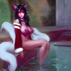 1girls ahri ai_assisted ai_generated animal_humanoid big_breasts black_hair bottomless breasts canid canid_humanoid canine canine_humanoid clothed clothing dekkernsfw female fox_ears fox_humanoid fox_spirit hair hi_res humanoid kitsune league_of_legends light_body light_skin mammal mammal_humanoid mostly_nude multi_tail not_furry poolside riot_games solo stable_diffusion topless video_games white_tail