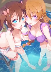 2girls blue_eyes brown_hair female female_only ice_cream kitahara_tomoe_(kitahara_koubou) konoe_haruka konoe_kanata licking licking_ice_cream long_hair love_live! love_live!_nijigasaki_high_school_idol_club multiple_girls orange_hair purple_eyes tongue tongue_out twintails