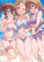 3girls beach bikini bikini_skirt blue_bikini blue_eyes blue_swimsuit blush breasts brown_eyes brown_hair clouds female female_only hairclip hand_on_shoulder kitahara_tomoe_(kitahara_koubou) konoe_haruka konoe_kanata konoe_kanata/haruka's_mother large_breasts light_brown_hair long_hair looking_at_viewer love_live! love_live!_nijigasaki_high_school_idol_club midriff mother_and_daughter navel ocean one_eye_closed orange_eyes orange_hair outside ponytail purple_bikini purple_eyes purple_swimsuit side-tie_bikini side-tie_swimsuit sky striped_bikini striped_swimsuit swimsuit swimsuit_skirt twintails water