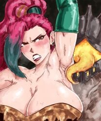 1boy 1girls angry arena_of_valor armpit_fetish armpit_licking armpits arms_up badlandblack big_breasts breasts female large_breasts licking lipstick mina_(aov) monster red_hair sweat sweaty