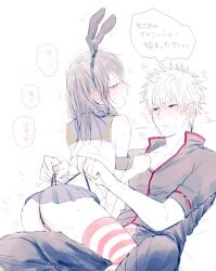 1boy 1girls black_thong blush bunny_ears colored_sketch cosplay female genderswap_(mtf) gintama gintoki_sakata hijikata_toshiro looking_back male mame_(pixiv) miniskirt pussy_juice rule_63 serafuku shimakaze_(kantai_collection)_(cosplay) sitting_on_lap sitting_on_person striped_legwear sweat sweatdrop thighhighs thong thong_pull wedgie