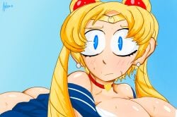 1girls adomo alternate_version_available ass atomboi_(artist) bare_shoulders big_breasts bishoujo_senshi_sailor_moon blonde_hair blue_eyes blush blush_lines boobs_and_butt_pose breasts busty choker cleavage clothing curvy earrings female female_focus female_only hi_res high_resolution highres large_breasts light-skinned_female light_skin sailor_moon sailor_moon_redraw_challenge sailor_senshi_uniform simple_background skirt solo solo_female solo_focus sweat sweatdrop sweatdrops sweating sweaty sweaty_body tagme twintails usagi_tsukino voluptuous