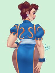 1girls 2019 alternate_version_available back_view brown_hair capcom chinese_clothes chun-li clothing earrings female female_only fully_clothed hair_buns hi_res looking_at_viewer looking_back narrowed_eyes pantyhose red_lipstick sirot_nsfw solo solo_female spiked_bracelet street_fighter tied_hair