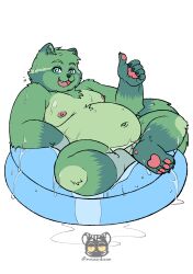 absurd_res alpha_channel anthro fred_(fredrick_brennan) fur green_body green_fur hi_res kemono kiddie_pool maaudaan_tg male mammal overflowing_container overweight overweight_anthro overweight_male procyonid raccoon solo swimming swimming_pool