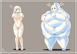 2girls annoyed attribute_swap big_belly big_breasts breasts colorless female female_only heels morbidly_obese overweight overweight_female ponytail sunny3257 thick_thighs thighs