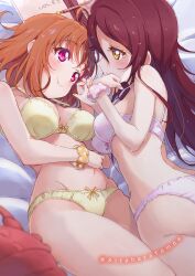 2girls bow_bra bow_panties female female_only kitahara_tomoe_(kitahara_koubou) love_live! love_live!_sunshine!! multiple_girls orange_hair panties pink_panties red_eyes red_hair sakurauchi_riko scrunchie takami_chika yellow_eyes yellow_panties yuri