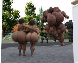 3d ass attack barefoot big_ass big_breasts big_butt bimbo breasts dark-skinned_female dark_skin daz_studio dzcelestial3d exhibitionism feet female female_only giantess green_skin human hyper hyper_lips hyper_muscles larger_female light-skinned_female light_skin lips multiple_girls muscles muscular muscular_female public public_nudity