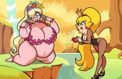 attribute_swap big_belly big_breasts blonde_hair breasts crown dragon's_lair eve_(dragon's_lair) fruit fruit_hat overweight overweight_female ponytail princess_daphne red_lipstick superspoe thick_thighs weight_gain weight_loss