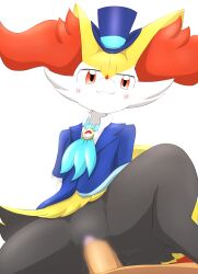 absurd_res anthro blush braixen canid canine censored clothing eiroru female fox fur generation_6_pokemon genitals hat headgear headwear hi_res inner_ear_fluff mammal nintendo orange_eyes penetration penis pokémon_(species) pokemon pokemon_(species) smile solo top_hat tuft vaginal_penetration video_games white_body white_fur yellow_body yellow_fur