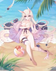 areolae beach beach_ball black_sclera blair_(girls_x_battle_2) clitoris facing_viewer feathers girls_x_battle_2 hiding_breasts long_hair moth nipples nude nude_edit nude_female ocean purple_eyes pussy seductive_smile small_feet white_hair wide_hips