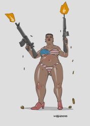 amanda_waller american_flag_bikini bbw belly bikini bullet dark-skinned_female dc dc_comics gun hair holding_gun holding_weapon mature_female mature_woman sweat underboob wargaz2783 weapon