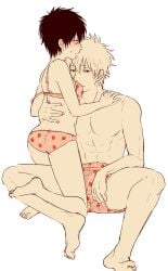 1boy 1girls ass_cleavage barefoot black_hair blush boxers bra butt_crack embarrassed female genderswap_(mtf) gintama gintoki_sakata hijikata_toshiro kneeling looking_at_viewer male mame_(pixiv) panties rule_63 short_hair smile strawberry_print sweatdrop tomboy topless_male underwear very_short_hair