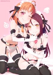 2girls bikini black_bikini black_bra black_legwear female female_only kitahara_tomoe_(kitahara_koubou) legwear love_live! love_live!_school_idol_project maid maid_outfit multiple_girls orange_hair red_eyes red_hair sakurauchi_riko takami_chika yellow_eyes