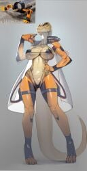 2d 5_fingers anthro big_breasts cape clothing cybernetic_limb cybernetics mechanical scalie scalie_female scalie_only simple_background skygracer snake swimwear