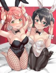 2girls black_hair bunny_ears bunnysuit female female_only green_eyes green_hair love_live! love_live!_nijigasaki_high_school_idol_club pantyhose red_hair shiitake_taishi takasaki_yuu twintails uehara_ayumu yellow_eyes