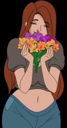 1girls blue_eyes brown_hair clothed crop_top discreenvision exposed_belly female female_focus female_only flowers happy hips hourglass_figure inusen long_hair smelling_flower smile the_secret_of_the_house tight_jeans tina_(discreenvision) voluptuous