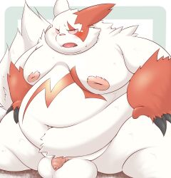 2022 anthro balls belly big_belly blush fat generation_3_pokemon genitals hamatnk hi_res kemono male male_only moobs morbidly_obese morbidly_obese_male navel nintendo nipples obese obese_male overweight overweight_male penis pokemon pokemon_(species) red_body sitting solo video_games white_body zangoose