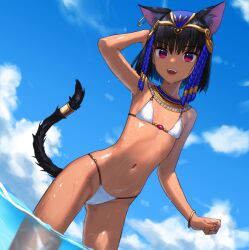 1girls animal_ear_fluff animal_ears belly belly_button bikini bikini_bottom bikini_top black_hair bob_cut bra cameltoe cat_ears cat_tail catgirl dark-skinned_female dark_skin egyptian fangs female female_only kawakami_rokkaku looking_at_viewer navel nejet_(kawakami_rokkaku) original panties purple_eyes short_hair solo solo_female standing stomach tail water wet wet_body wet_clothes wet_skin white_bikini white_bikini_bottom white_bikini_top