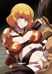 1boy 1girls armor big_breasts blonde_hair censored clementine_(overlord) duo female female_focus male medium_breasts missionary_position overlord_(maruyama) pregnant pregnant_female pregnant_sex rebasuto red_eyes short_hair skimpy skimpy_armor spread_legs tagme vaginal_penetration