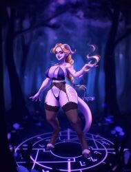 1girls 2021 big_breasts blizzard_entertainment blonde_hair braid commission detailed_background draenei female female_only forest forest_background full_body garter_belt garter_straps hi_res hooves horns lightforged_draenei lingerie long_hair pointy_ears purple_skin sirot_nsfw solo solo_female stockings summoning_circle tail thick_thighs thong vrelya warcraft world_of_warcraft