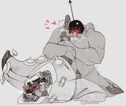 2boys artist_signature bara big_band blush clothed/nude clothed_male clothed_male_nude_male clothed_sex dilf gay hearts helmet leg_grab leg_lift legs_held_open legs_up male/male male_only male_penetrating_male panzerfaust_(skullgirls) pleasure_face pubes pubic_hair skullgirls steam steamy_breath surprisingly surprisingly_wholesome sweat sweating sweaty_body sweaty_breasts trenchcoat twitter twitter_link twitter_username