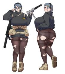 amx1375 automatic_weapon black_hair blush enormous_breasts female glasses gun headphones holding_gun holding_weapon huge_breasts large_ass mac-10 machine_gun machine_pistol massive_breasts panties pantyhose pouch pouches saiga-12 shoes shotgun shotgun_shell smile submachine_gun suppressor sweater torn_clothes weapon