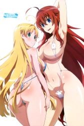 2girls asia_argento big_breasts blonde_hair blue_eyes cleavage demon_girl erect_nipples female female_only green_eyes high_school_dxd koikawa_shinpei large_breasts long_hair mg_renders micro_bikini official_art png red_hair render rias_gremory sideboob sling_bikini smiling transparent_background wide_hips