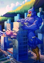 absurd_res anthro avian balls bird blue_body bodily_fluids bouncing_balls building building_penetration building_sex car city cum cum_on_ground daru_brek destruction erection falco_lombardi genital_fluids genitals hi_res macro male muscular muscular_male nintendo penis solo star_fox vehicle video_games