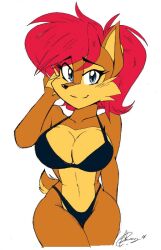 akatsukishiranui-fox anthro archie_comics big_breasts big_hips bikini black_bikini black_swimsuit breasts chipmunk cleavage curvy female female_only hourglass_figure mammal red_hair sally_acorn sega shy_smile smile smiling_at_viewer solo solo_female sonic_(series) sonic_the_hedgehog_(comics) swimsuit swimwear