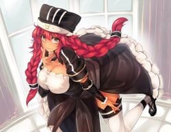 braid breasts cleavage commentary_request female hair_between_eyes hat large_breasts leaning_forward long_hair looking_at_viewer looking_to_the_side lupusregina_beta maid overlord_(maruyama) red_hair smile solo standing standing_on_one_leg thighhighs tousen twin_braids window yellow_eyes