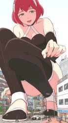 anime_style black_clothing blue_eyes buildings car city cityscape copyright_request fingers giantess macrophilia original picking_up pixiv red_hair road shrinking shrunk size_difference street street_sign thighhighs thighs tiny_person vehicle