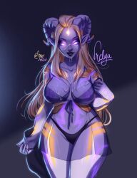 1girls 2020 black_lipstick blizzard_entertainment blonde_hair draenei empty_eyes female female_only glowing_eyes horns lightforged_draenei long_hair looking_at_viewer pointy_ears purple_eyes purple_skin sirot_nsfw solo solo_female tail voluptuous vrelya warcraft world_of_warcraft