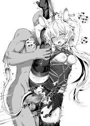 1boy ahe_gao animal_ears arknights arms_up bike_shorts bondage boots bound bound_arms breasts breasts_out censored clothed_female_nude_male completely_nude crying crying_with_eyes_open dorothy_(arknights) female greyscale heart heart-shaped_pupils highres kataokasan leg_grab long_hair low_ponytail medium_breasts monochrome mosaic_censoring mouse_ears mouse_girl mouse_tail nipples nude open_mouth penis pussy rope saliva sex shibari_over_clothes shorts split standing standing_on_one_leg standing_sex standing_split symbol-shaped_pupils tail tears testicles thigh_boots tongue tongue_out torn_clothes torn_shorts torso_grab