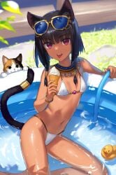 1girls animal_ear_fluff animal_ears belly belly_button bikini bikini_bottom bikini_top black_hair bob_cut bra cat_ears cat_tail catgirl dark-skinned_female dark_skin eating egyptian erect_nipples fangs female female_only food holding holding_food holding_object ice_cream ice_cream_cone kawakami_rokkaku looking_at_viewer navel nejet_(kawakami_rokkaku) nipples original panties pool purple_eyes short_hair sitting solo solo_female stomach sunglasses sunglasses_on_head tail tongue tongue_out water wet wet_body wet_clothes wet_skin white_bikini white_bikini_bottom white_bikini_top