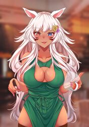 cat_ears cup dark-skinned_female facial_markings female flower_in_hair heterochromia looking_at_viewer marker miqo'te miyukiva naked_apron original_character smile starbucks tongue tongue_out white_hair