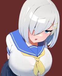 anime_style big_breasts blush breasts cute female hamakaze_(kantai_collection) hand_behind_back hauto-san kantai_collection light_hair light_skin portrait seifuku simple_background suggestive suggestive_pose white_hair