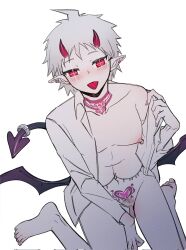 1boy ahoge alternate_eye_color alternate_hair_color bangs barefoot belly_chain blush collarbone commentary_request danganronpa danganronpa_(series) danganronpa_2:_goodbye_despair demon_boy demon_tail demon_wings ear_piercing grey_hair grey_shirt heart heart_tattoo highres hinata_hajime jewelry long_sleeves looking_at_viewer male_focus male_pubic_hair navel_piercing neck_tattoo nipple_piercing open_clothes open_shirt penis penis_peek piercing pointy_ears pubic_hair pubic_tattoo red_eyes shirt short_hair single_bare_shoulder sitting solo solo_male straight_hair super_danganronpa_2 tail tail_ornament tail_ring tattoo tongue tongue_out tongue_piercing wariza wings ziling